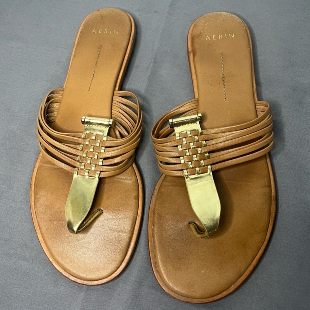 Aerin Size 7.5 Saia Leather Sandals Caramel Gold Strappy Luxury Mirror Metallic